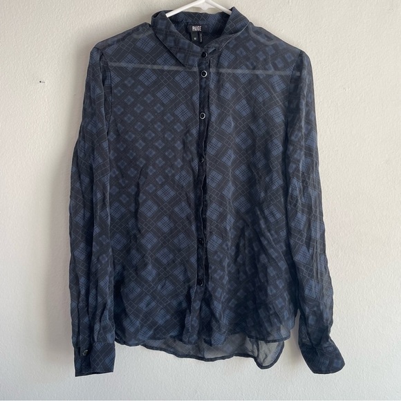 Paige silk blue geometric pattern print button down blouse lightweight lux - Picture 1 of 9